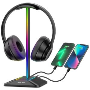 ABRALE RGB Headphone Stand with 1 USB-C Charging Port and 1 USB Charging Port, Desk Gaming Headset Holder with 7 Light Modes and Non-Slip Rubber Base Suitable for All Earphone Accessories (Black)