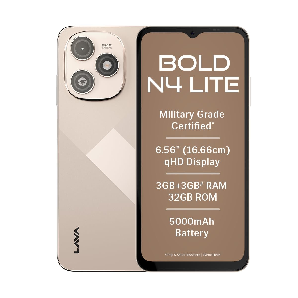 Lava Bold N4 Lite (Empire Gold, 3GB RAM, 32GB Storage) | 6.56″ qHD Display | 8MP Rear Camera | 5000 mAh Battery | Free Service @ Home | Fingerprint Reader | Charger & Phone-Cover in Box