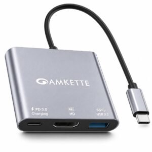 Amkette 3-in-1 Type C to HDMI Adapter, Multiport hdmi to Type c Cable with 4K@30Hz, USB 3.0 @ 5Gbps, 100W PD Charging Port for Laptop, MacBook, PC and Other Type C Devices