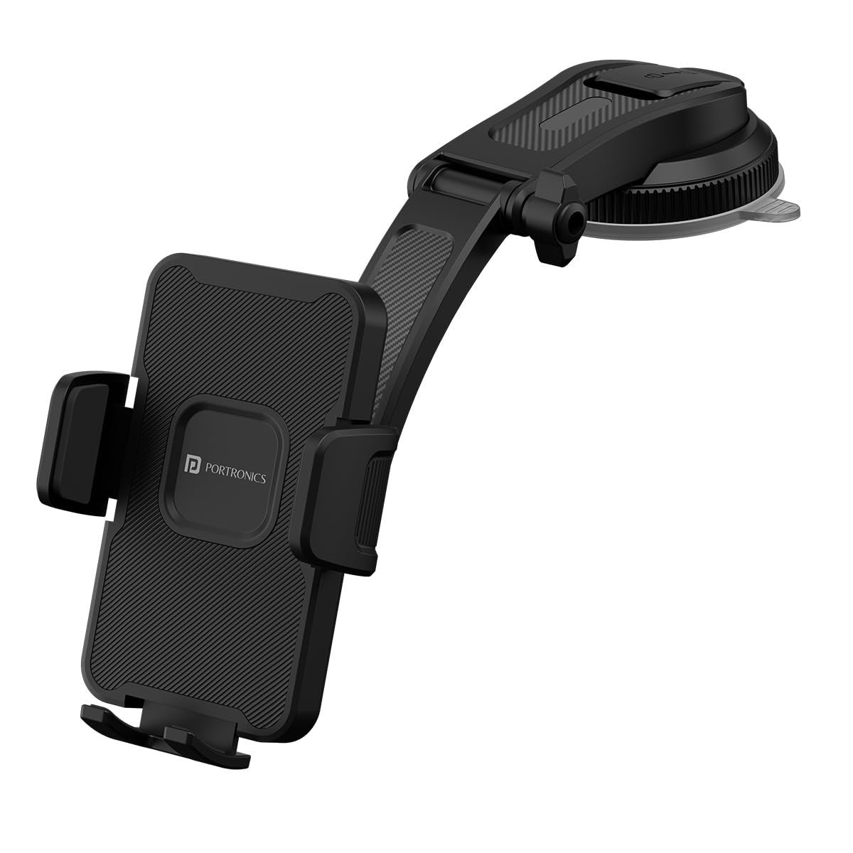 Portronics Clamp M5 Car Phone Holder Stand with Grip Rotation, Strong Hold, Suction Cup Mount, Single Hand Use, Shockproof Build, Mobile Stand for Car (Black)