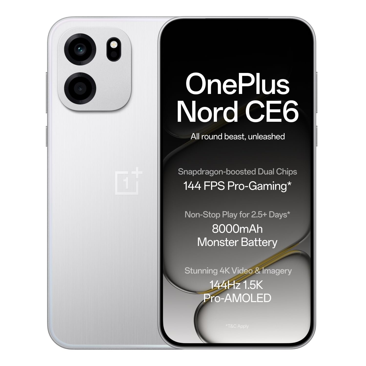 OnePlus Nord CE6 | 8GB+256GB | Lunar Pearl | Snapdragon 7s Gen 4 | Segment’s Fastest Touch Response | 8000mAh Battery | 144Hz 1.5K AMOLED Display | 50MP Main + 32MP Selfie 4K Cameras | IP66,68,69,69K