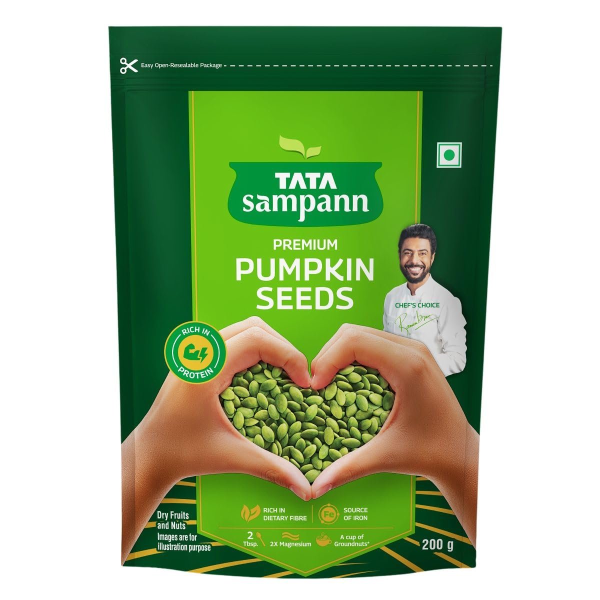 Tata Sampann Premium Pumpkin Seeds, 200g, Rich in Protein, Dietary Fibre, Magnesium & Phosphorus, Raw & Unroasted Pumpkin Seeds, Source of Iron & Zin, Handpicked Seeds, Resealable Pack