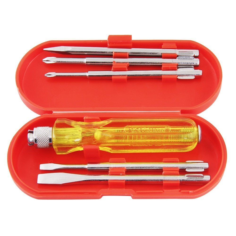 Spartan 5-in-1 Pc Screw Driver Set With 2 Flat Tip Blades(3.5mm & 6mm), 2 Phillips Head(0 & 1) & 1 Round Poker Bar | Ideal for Home Repair, Electrical Work, DIY & General Use (S-6, Yellow)