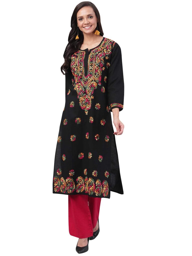 Ada Hand Embroidered Chikankari Black Cotton Kurta for Women A188048