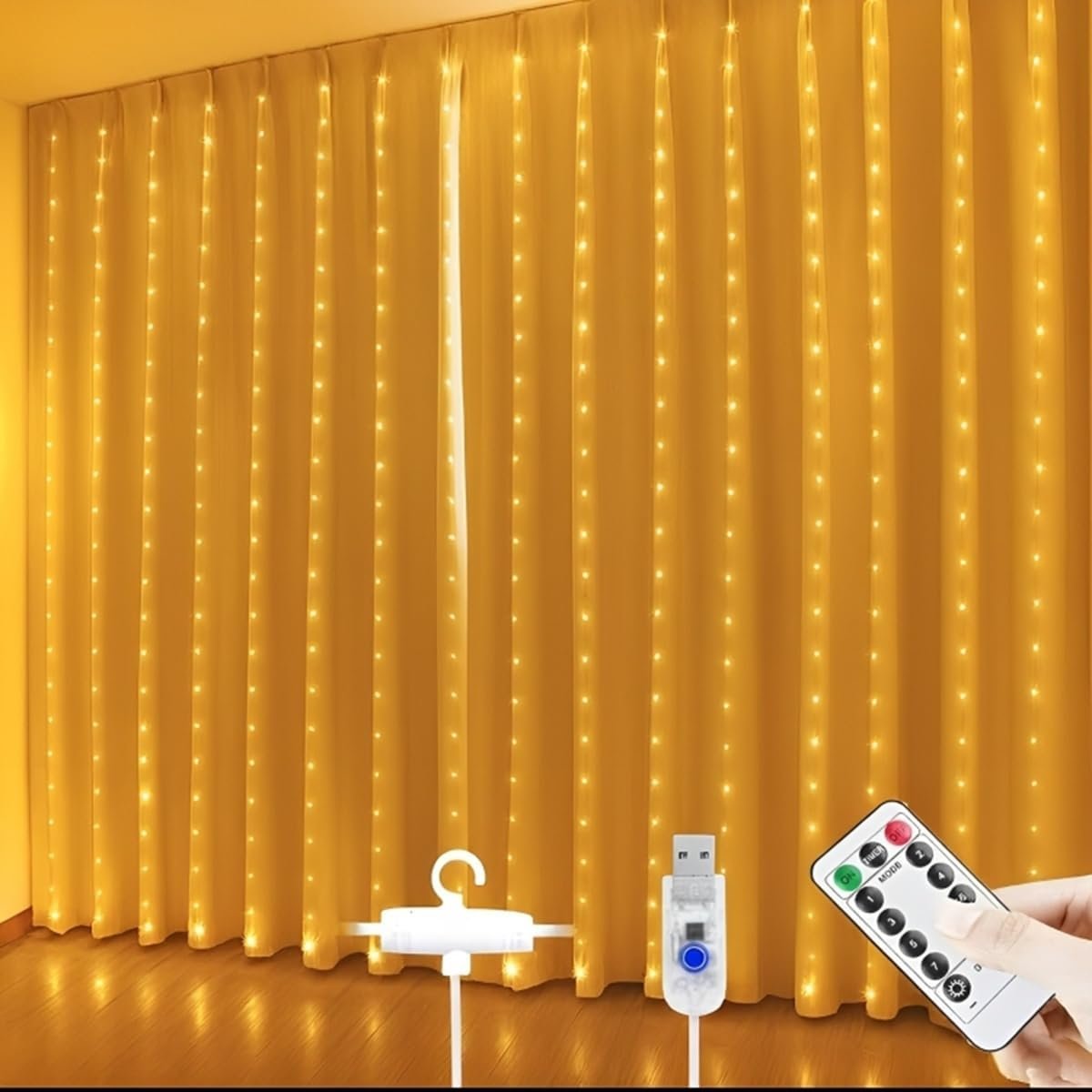 One94store Plastic Fairy Curtain String Lights for Wall Decoration, Warm White USB Powered 300 LED’s, 8 Flashing Modes, Window Backdrop Lights for Bedroom, Party, Diwali, Christmas – 3×3 Meter