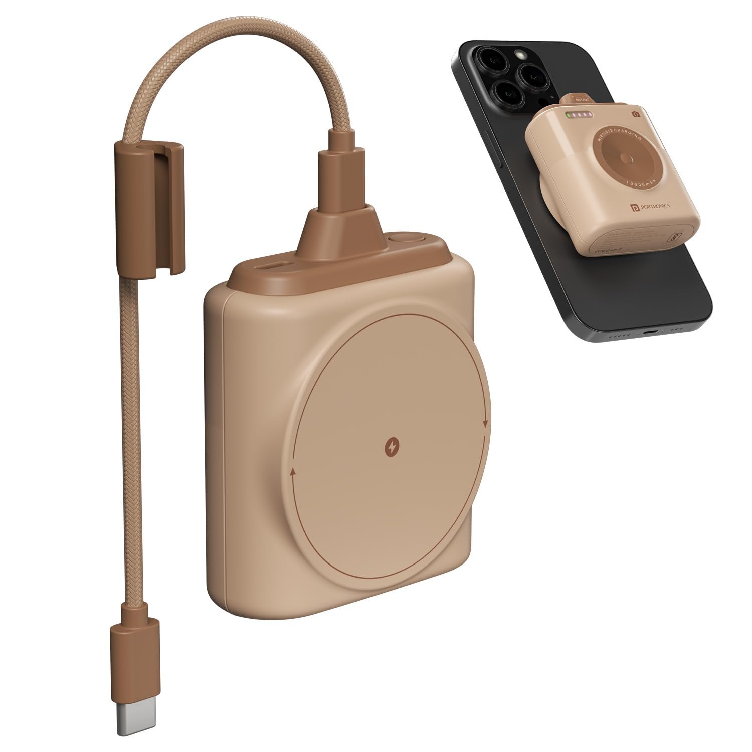 Portronics Moji 10K Smallest Wireless 10000Mah Fast Charging Power Bank with Detachable USB Type-C Cable, Strong Magnet, 20W Wired Output, for iPhone 12 & Above, Android & All Qi Enabled Devices
