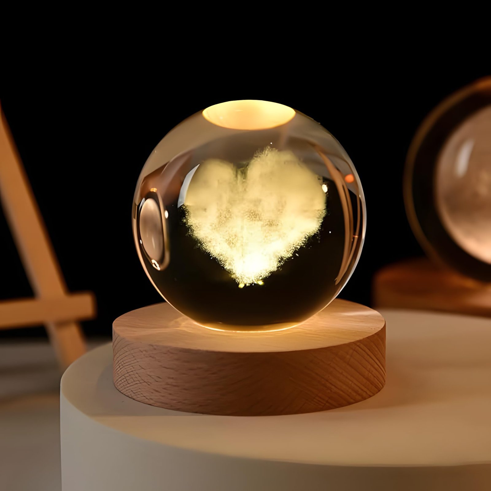 One94Store 3D Love Heart Crystal Ball Night Lamp – Engraved Crystal Glass with Warm White LED, USB Wooden Base Table Lamp for Home, Valentine Day Gift, Love Gift for Her, Couple Gift