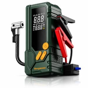 Bergmann Stallion Heavy-Duty Cordless Tyre Inflator + Smart Jump Starter | 10000mAH Li-Ion Battery | LED Light | Type-C Port | for Cars, Bikes, Toys & Bicycles | Dark Green