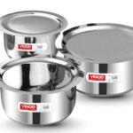 Vinod Stainless Steel Tope Set with Lid – 3 Pcs | 1.4, 1.8, & 2.2 litres | Patila Cookware Set Combo, Even Heat, Heavy Sandwich Bottom, Induction Compatible for Boiling and Cooking – 2 Year Warranty