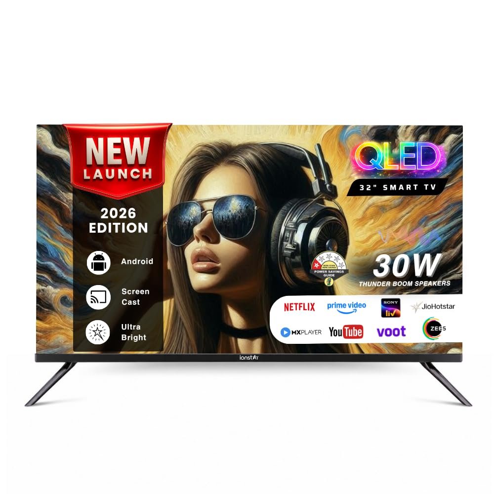 IONSTAR 80 CM (32 inches) HD Smart QLED Android TV 2026 | 1000+ Apps Support | USB Ports | Smart Voice Control | 30W Thunder Speakers | Cloud Voice Connect | Frameless | 32S-MXMCL-EK