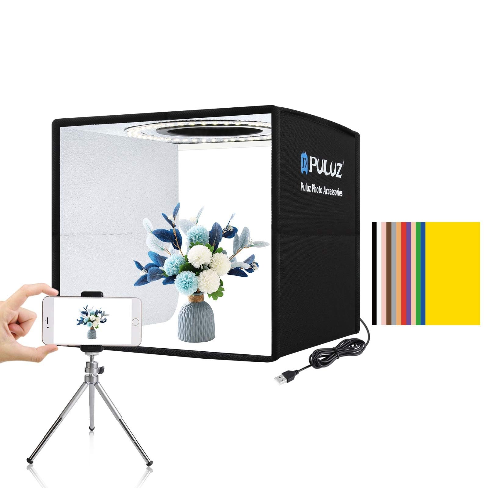 PULUZ 25cm Folding Portable High 97 CRI Ring Light Photo Lighting Studio Shooting Tent Box with 12 Colors Backdrops, Size: 25cm x 25cm x 25cm
