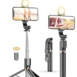Selfie Stick Tripod with Wireless Remote, 46” Cellphone Selfie Stick Tripod with LED Fill Light, for iPhone 16/15/14/14 pro/13/13 Pro/12/11/11 Pro/XS Max/XS/XR/X/8/7 and Android Smartphone(Upgrade)