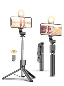 Selfie Stick Tripod with Wireless Remote, 46” Cellphone Selfie Stick Tripod with LED Fill Light, for iPhone 16/15/14/14 pro/13/13 Pro/12/11/11 Pro/XS Max/XS/XR/X/8/7 and Android Smartphone(Upgrade)