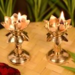 Collectible India Set of 2 Brass Diya for Puja Temple Decoration, Diya for Diwali – Lotus Shape Pillar Diya Stand Oil Lamp for Home Mandir Pooja Articles- Diwali Festive Gifts-3.8 Inch