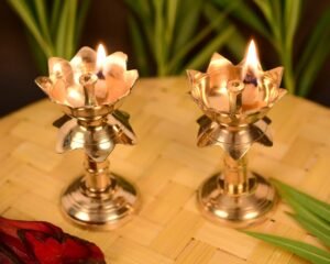 Collectible India Set of 2 Brass Diya for Puja Temple Decoration, Diya for Diwali – Lotus Shape Pillar Diya Stand Oil Lamp for Home Mandir Pooja Articles- Diwali Festive Gifts-3.8 Inch