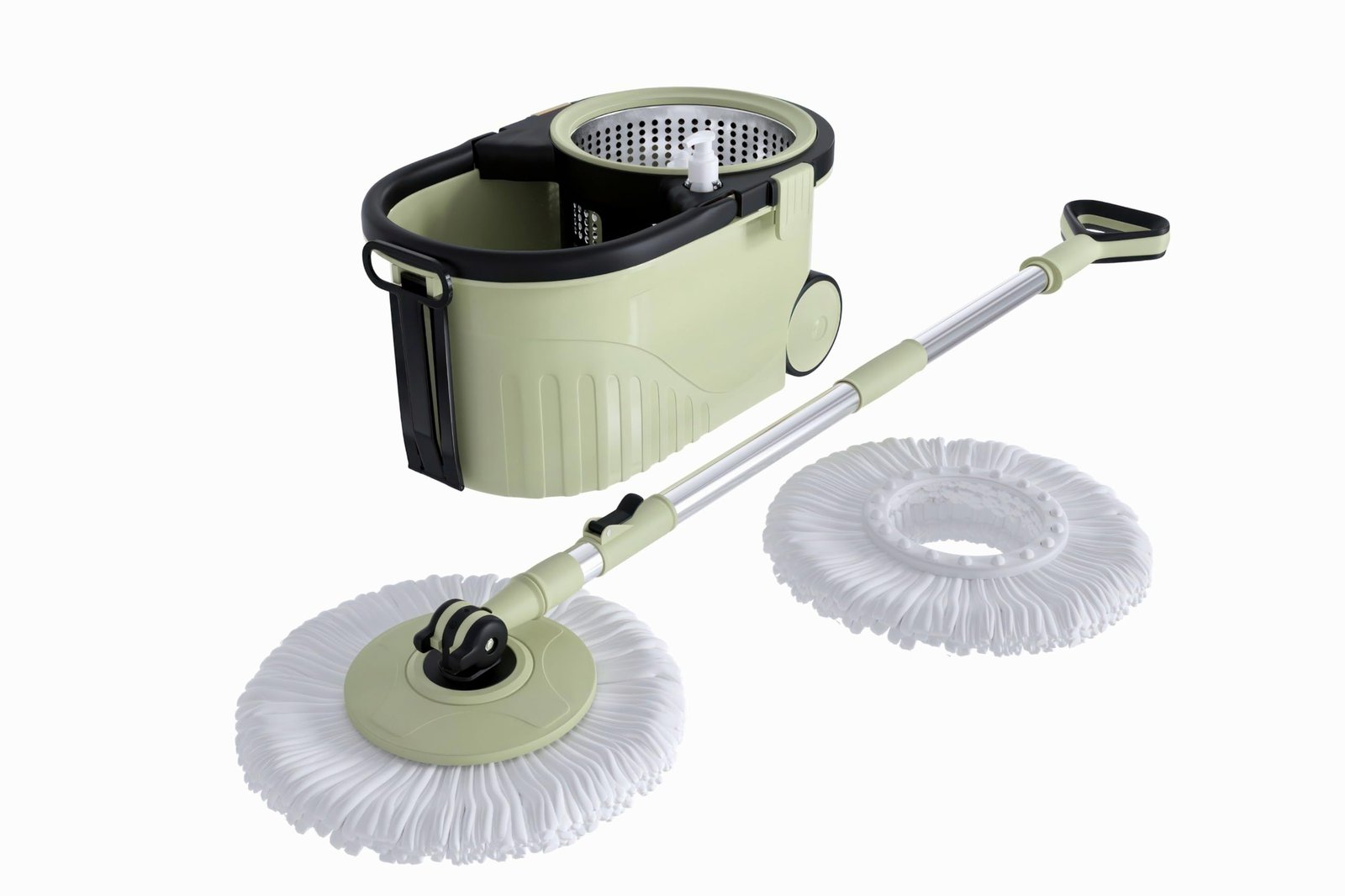 Bonkaso Spin Mop with Stainless Steel Wringer & Big Wheels | 360° Rotating Mop, Adjustable Handle | Easy Floor Cleaning Bucket Set with 2 Microfiber Refills – Mint Green & Black (46 x 26.5 x 23 cm)