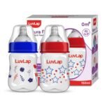 LuvLap Anti-Colic Wide Neck Natura Flo Baby Feeding Bottle, 150ml (Pack of 2), New Born/Infants/Toddler Upto 3 Years, Stars, BPA Free