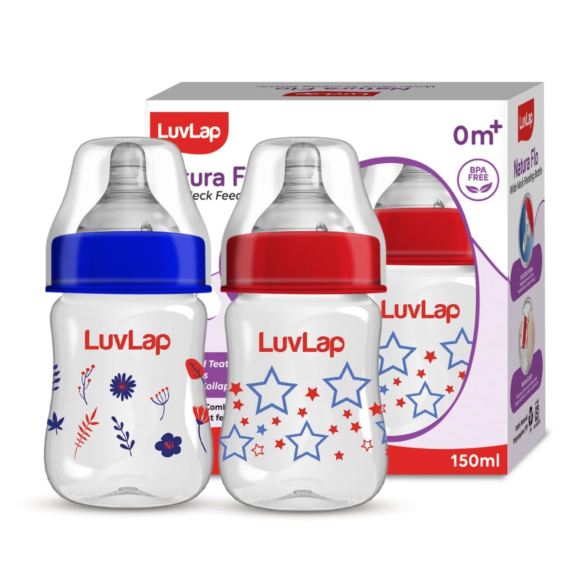 LuvLap Anti-Colic Wide Neck Natura Flo Baby Feeding Bottle, 150ml (Pack of 2), New Born/Infants/Toddler Upto 3 Years, Stars, BPA Free