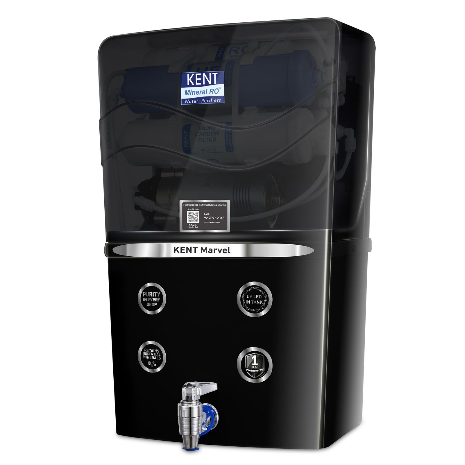 KENT Marvel RO Water Purifier | Advanced RO Tech for Sabse Shudh Paani | Multiple Purification Process | RO + UF + TDS Control + UV in Tank | ISI Marked | 8L Tank | 20 LPH Flow | Black