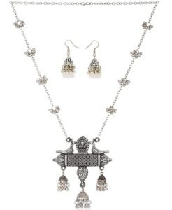 Shining Diva Fashion Latest Stylish Design Fancy Oxidised Silver Afghani Chain Pendant Earrings Necklace Jewellery Set for Women (Silver) (12013s)