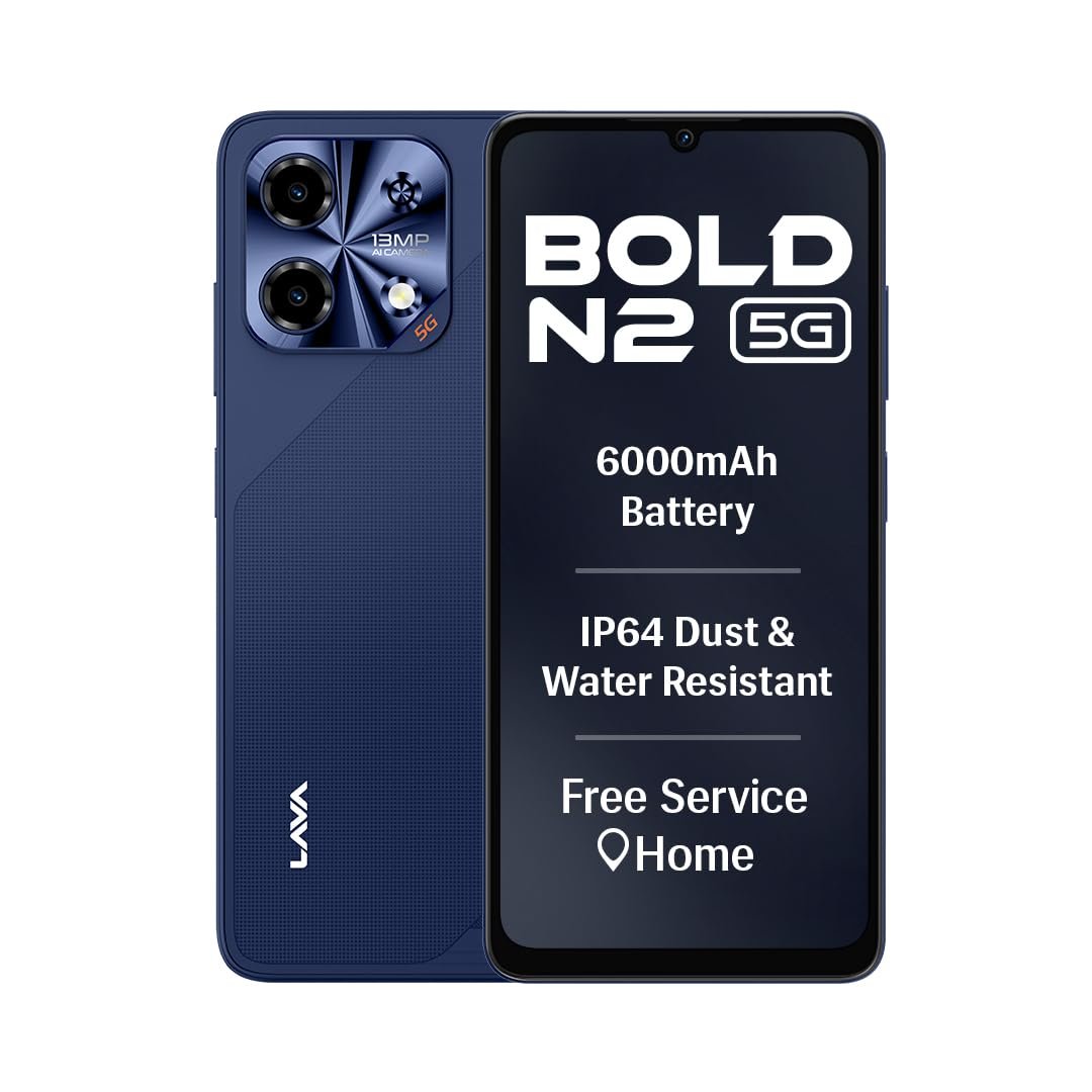 Lava Bold N2 5G (Billionaire Blue, 4GB RAM, 128GB Storage) | 6000 mAh Super Battery | Octacore Ultrafast Processor | Biggest 6.75 (HD+) 120Hz Display | IP64 Dust-Water Resistant | Free Service @ Home