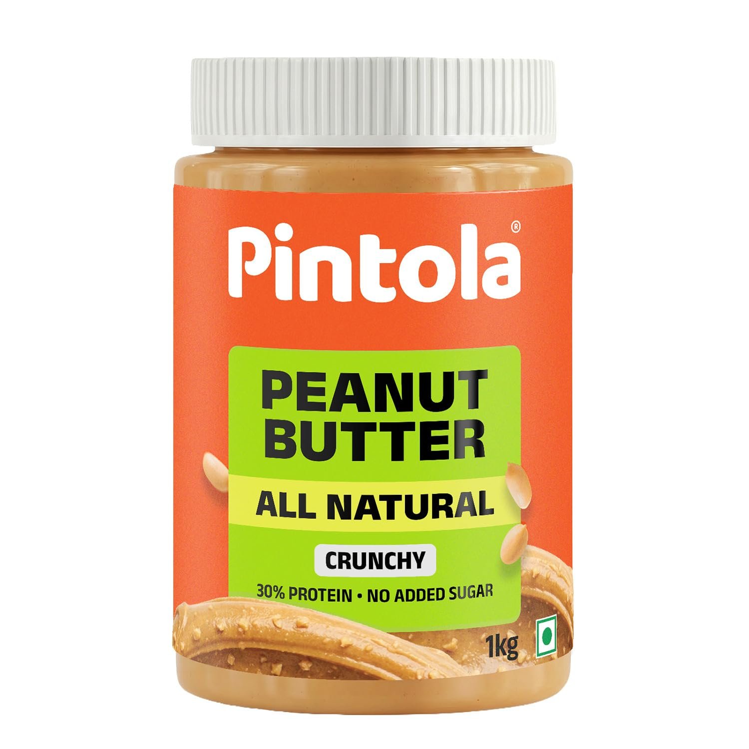 Pintola All Natural Peanut Butter Crunchy 1kg | Unsweetened | 30g Protein, Nut Butter, High in Protein Spread, 100% Pure Roasted peanuts butter