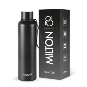 Milton Aura 1000 Thermosteel Water Bottle, 24 Hr Hot and Cold I Leak Proof Lid, ISI Certified I Vacuum Insulated I for Office, Gym, School I Black