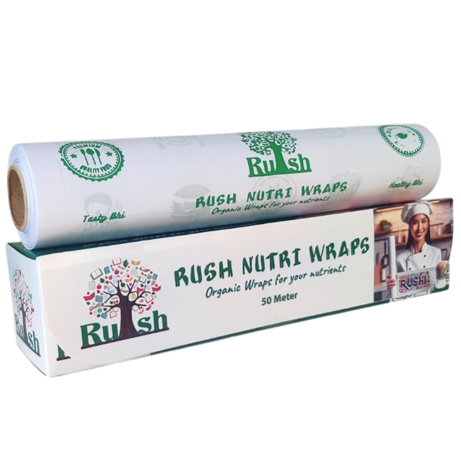 Rush Premium 50 Mtr Nutri Wrap Food Wrapping Paper with Sealing Sticker, Non-Sticky Butter Paper for Roti Use as Parchment for baking cake or roti clothes wrap