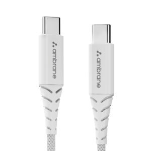 Ambrane Unbreakable 60W Fast Charging 1.5M Braided Type C to Type C Cable for Smartphones, Tablets, Laptops & Other Type C Devices, PD Technology, 480Mbps Data Sync (RCTT15, White)