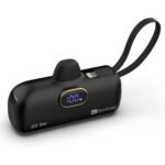 BonKaso 5000mAh Mini Power Bank 22.5W PD Fast Charging, USB-C Type-C Input/Output, Built-in i5 Cable, Digital LED Display, Compact Pocket Portable Charger for iPhone & Android – Black
