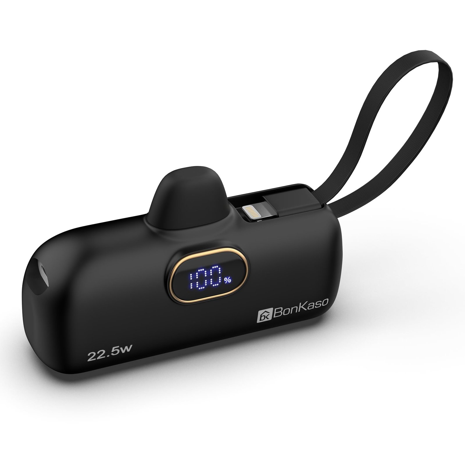 BonKaso 5000mAh Mini Power Bank 22.5W PD Fast Charging, USB-C Type-C Input/Output, Built-in i5 Cable, Digital LED Display, Compact Pocket Portable Charger for iPhone & Android – Black