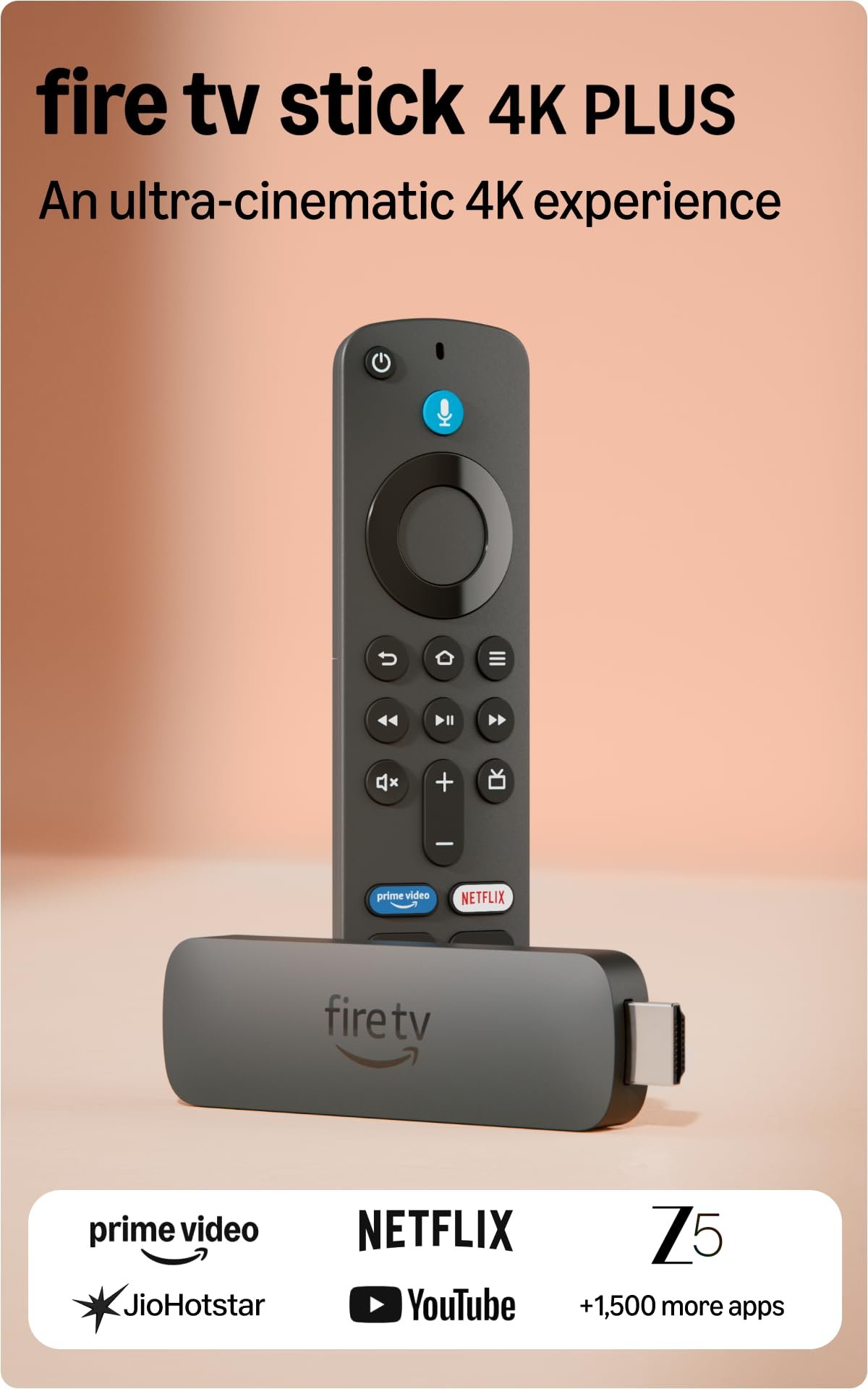 Amazon Fire TV Stick 4K Plus (newest model), Cinematic 4K streaming with HDR10+, smart voice search with Alexa+ Wi-Fi 6, Dolby Vision/Atmos