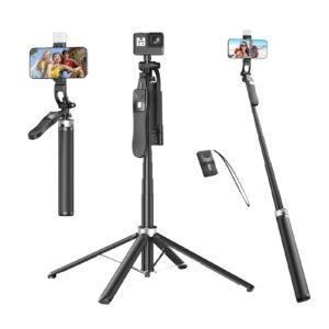 71″ Selfie Stick Tripod with Reinforced 4-Leg Tripod Stand for Phone, 360° Rotatable Handle, Rechargeable Fill Light & BT Remote. Aluminum Alloy Ultimate Stabilitya for Smartphones, GoPro