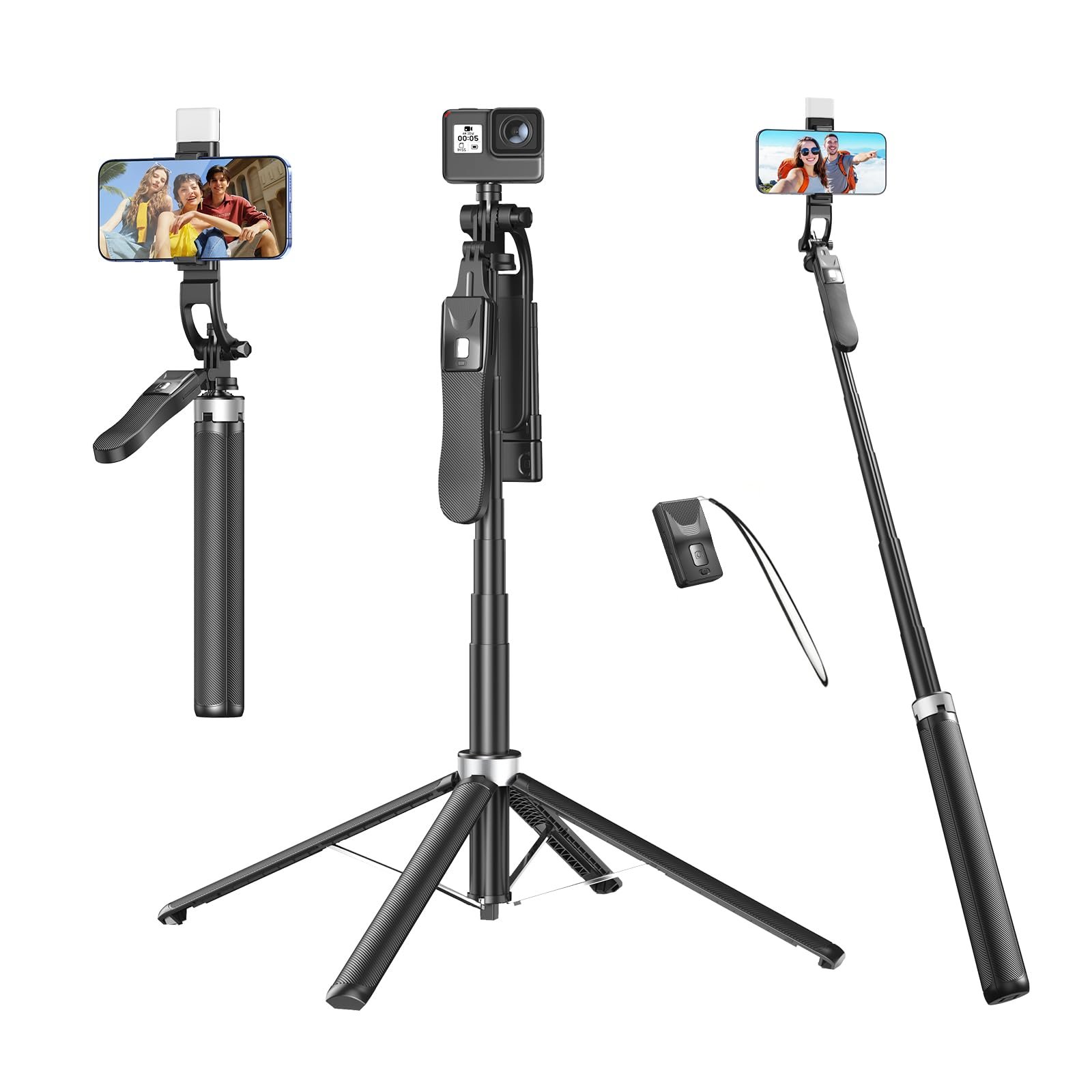 71″ Selfie Stick Tripod with Reinforced 4-Leg Tripod Stand for Phone, 360° Rotatable Handle, Rechargeable Fill Light & BT Remote. Aluminum Alloy Ultimate Stabilitya for Smartphones, GoPro