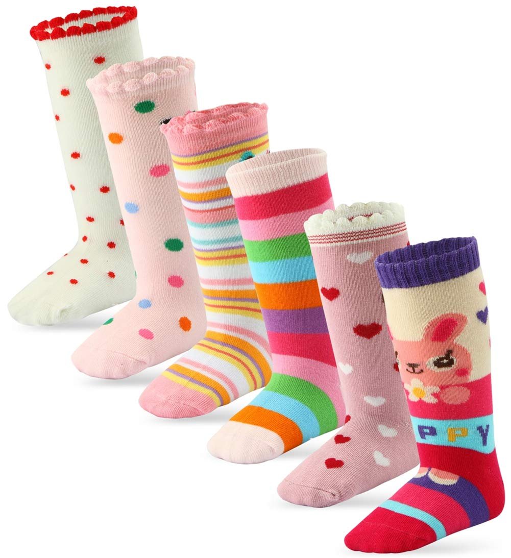 6 Pairs Toddler Girl Knee High Grips Socks, Baby Socks Girl School Socks Anti Slip for Kids