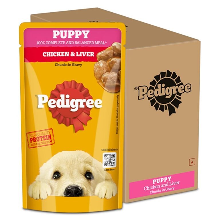 Pedigree Puppy Wet Dog Food, Chicken & Liver Chunks in Gravy, 130 g (Pack of 12), Complete & Balanced Meal for Puppies
