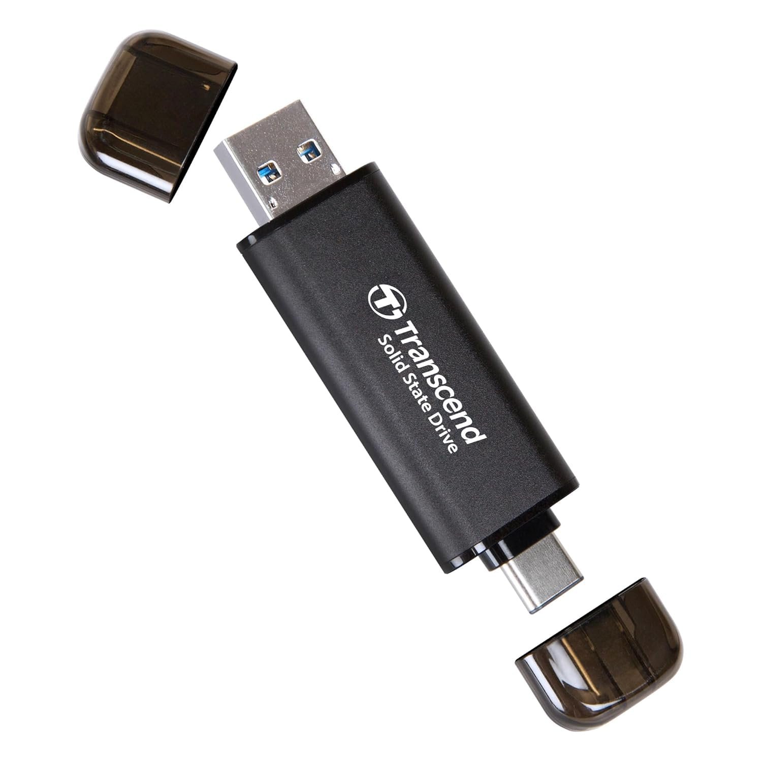Transcend 310C 256GB USB C & USB A External Portable SSD, Up to 1,050 MB/s, 5 Yr Warranty, Black, for iPhone 15 pro max, MacBook, Ipad, Laptop and Desktop TS256GESD310C