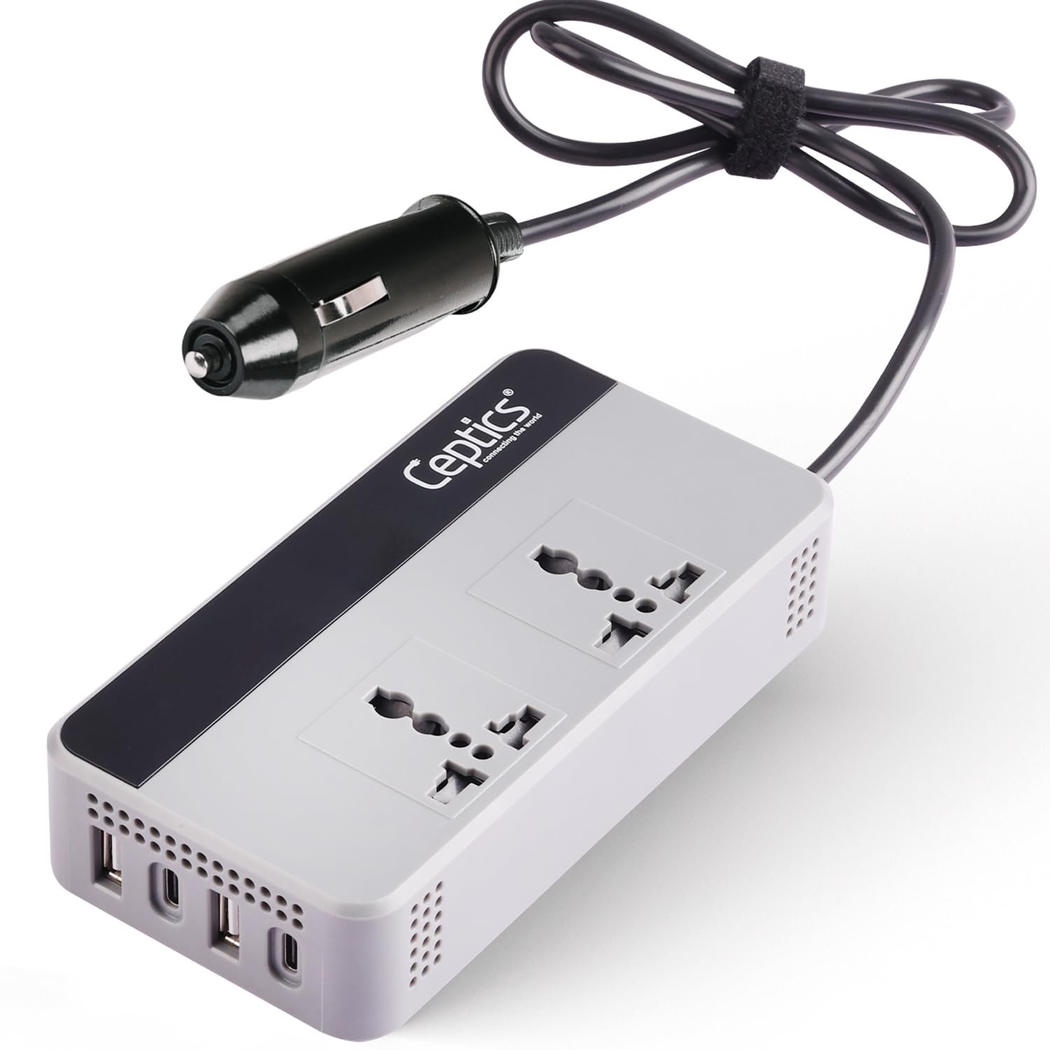 Ceptics 200W Car Laptop Charger/car Inverter with 2X Universal Outlet with SmartVoltage™ Technology, 12V DC to 220V-AC with 18 Months Warranty, 18W 2 USB-A, 2 USB-C with 18W QC 3.0 – Grey