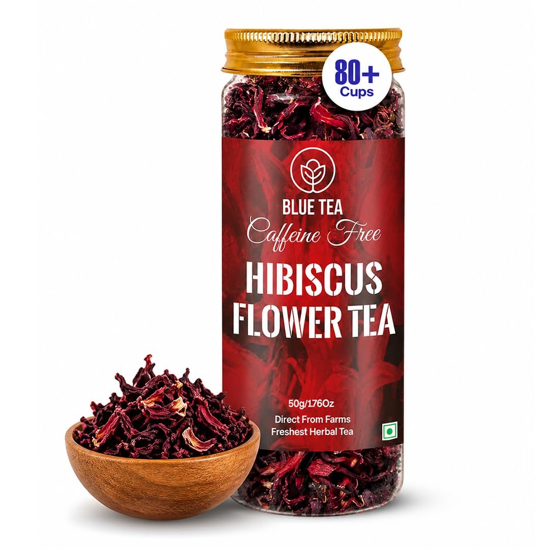 BLUE TEA Hibiscus Tea Leaves 50 gm (80+ Cups) | Dried Hibiscus Flowers | Gudhal Ke Phool | Caffeine Free Herbal Infusion | Dry Flowers | Skin & Hair Care | Pet Jar
