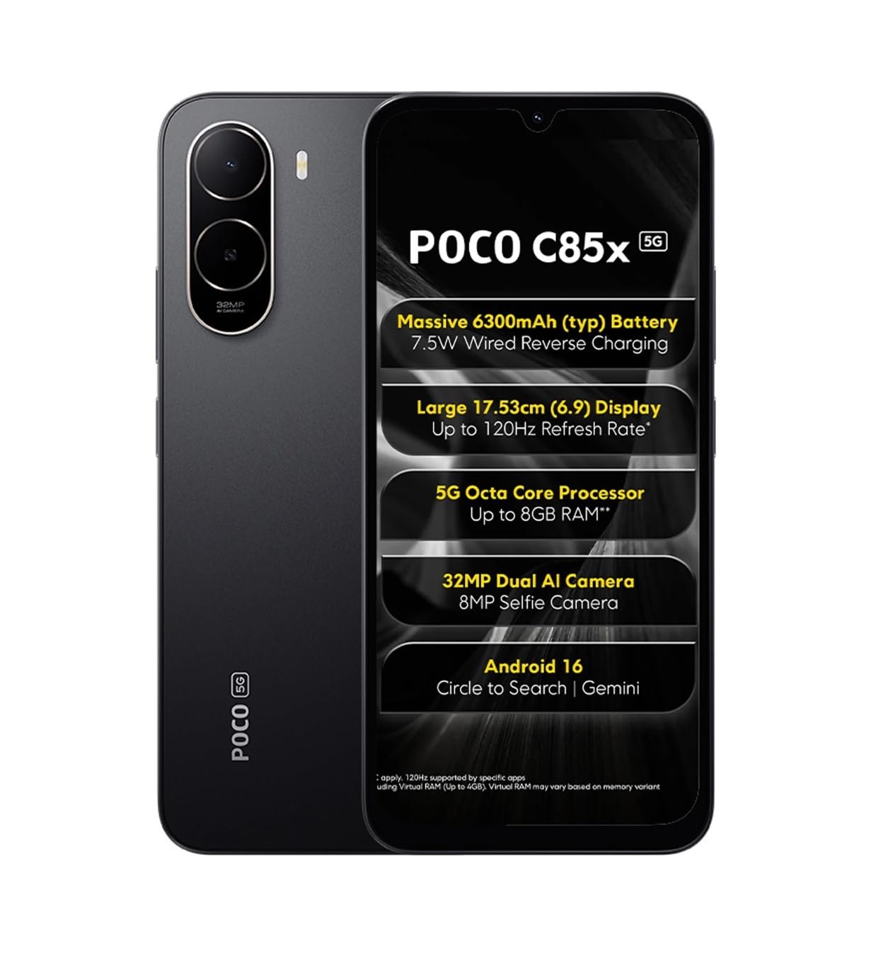 POCO C85x 5G Smartphone, Elite Black, 6.9 Inch Display, 32MP Dual AI Camera, 6300mAh Battery, 64GB Storage, 4GB RAM, Android 16