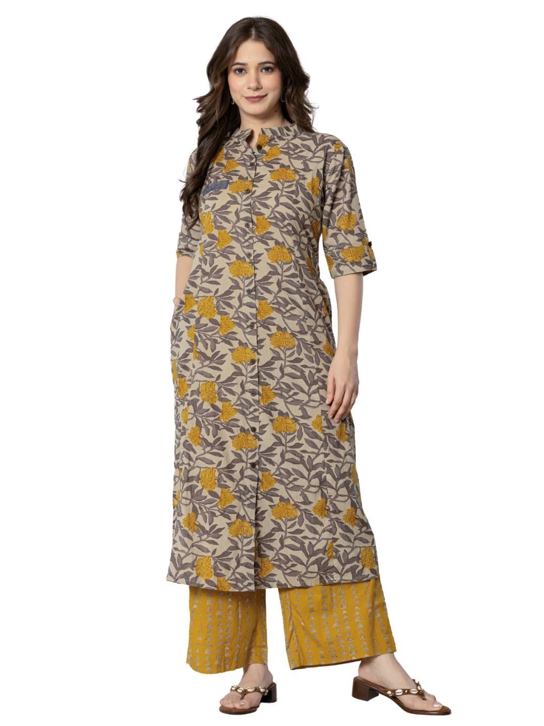 rytras Women Cotton Printed A-Line Kurta with Palazzo Pant Set