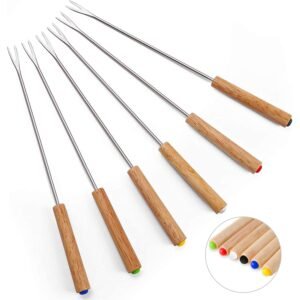 Stainless Steel Meat Fork for Fondue&barbecue, Wooden Handle to Protect Your Hands, Each Fork Has a Special Color to Recognize . Set of 6