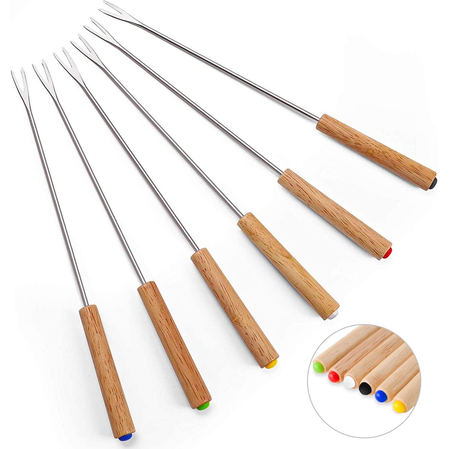 Stainless Steel Meat Fork for Fondue&barbecue, Wooden Handle to Protect Your Hands, Each Fork Has a Special Color to Recognize . Set of 6