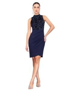 Miss Chase Women’s Comfortable Round Neck Sleeveless Striped Midi Bodycon Dress with Zipper