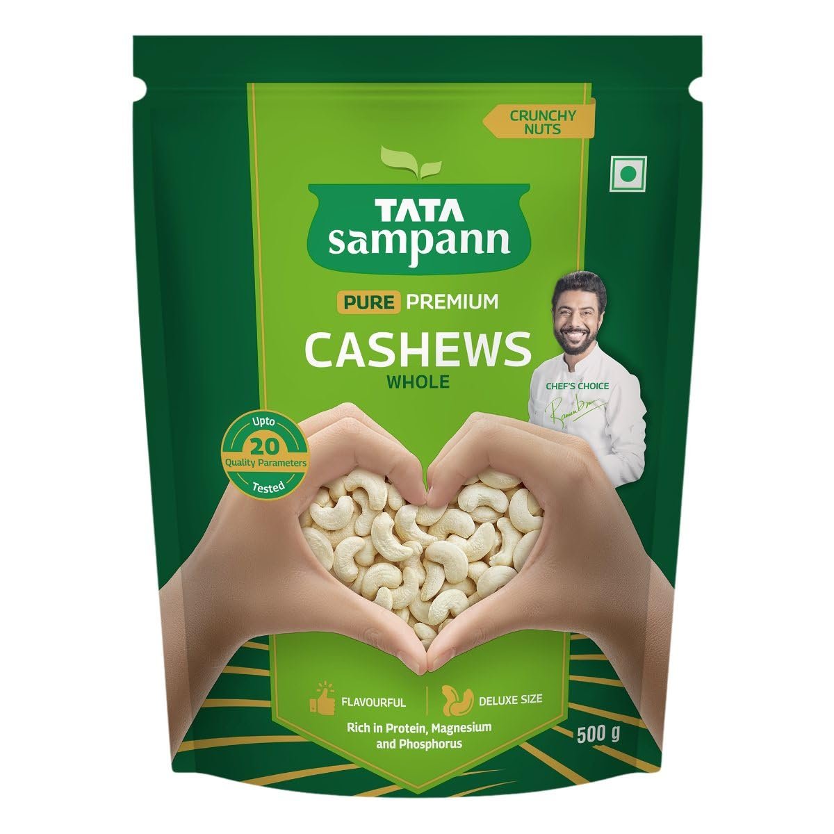 Tata Sampann Pure Cashews Whole, Kaju, 500g, Nutritious & Delicious, Premium Kaju Nuts, Rich In Protein, Magnesium & Phosphorus, Deluxe Size & Crunchy Nuts
