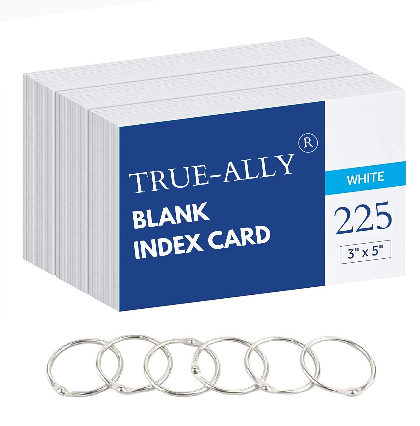 True-Ally unruled Index Flash Cards – 3×5 inch, White, 225 Cards, 200 GSM – with Free Binder Rings for Short Notes, cue Cards, Cheat Sheets, exam, Interview Preparation (3×5 inch Plain – 225 Sheets)