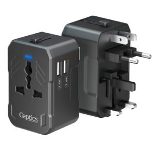 Ceptics 3 in 1 Universal Charger Adapter – Universal Travel Adapter All in One with 2 USB-A Ports (2.4A), 100-250V Compatibility – Compact International Travel Adapter (White)