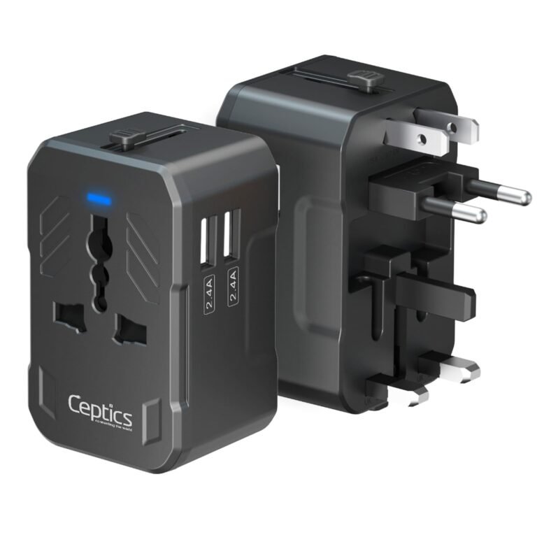 Ceptics 3 in 1 Universal Charger Adapter – Universal Travel Adapter All in One with 2 USB-A Ports (2.4A), 100-250V Compatibility – Compact International Travel Adapter (White)