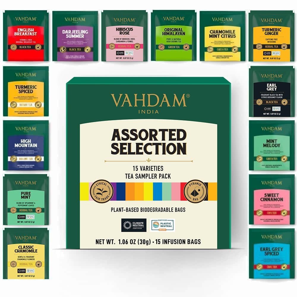 VAHDAM Assorted Tea Sampler | 15 Varieties | Whole Leaf Pyramid Bags | Black, Darjeeling, Green, Oolong, Chai & Herbal | Perfect for Lovers & Enthusiasts | For Women & Men