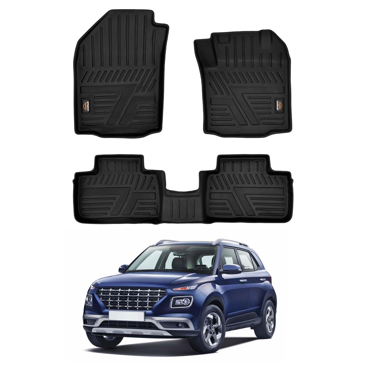 Amazon Basics 5D Custom Fit Car Floor Mats for Hyundai Venue | Odor Free Virgin Polymer | All Weather Waterproof Protection | Edge to Edge Coverage | 3 Piece Set